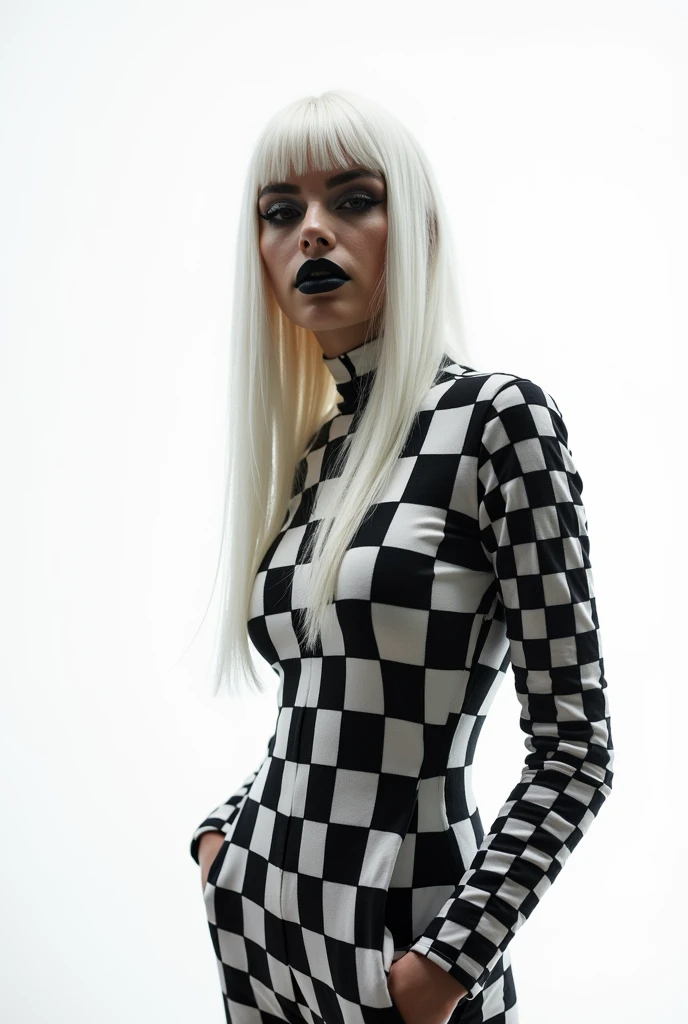 A woman with long straight white hair with bangs,she will wear a full arm covering black and white checkered jumpsuit,I want the white background and her with black and white makeup,I want her to be beautiful and posing like a model