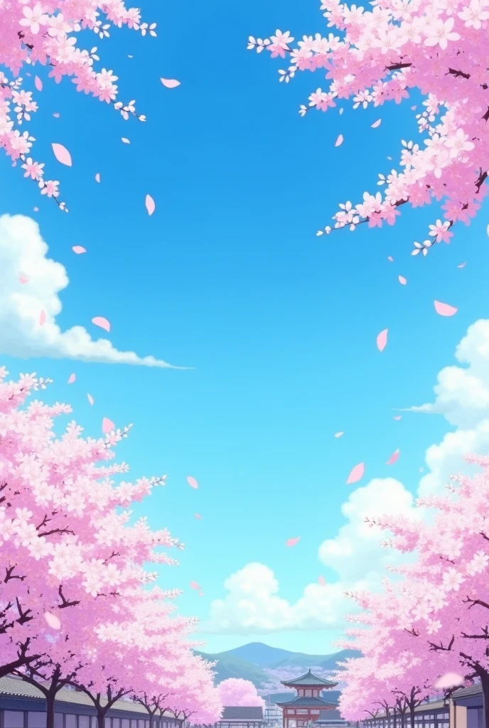 A breathtaking expanse of blue sky dominates the center of the image, its azure hue vibrant and clear. Framing this vast blue canvas is an abundance of cherry blossoms in full bloom. The pink flowers create a lush border around the edges of the scene, their delicate petals a stark contrast to the bold blue of the sky. Cherry blossom petals drift gently through the air, creating a romantic, dreamlike atmosphere.
At the bottom of the image, subtle architectural elements peek through the cherry blossom trees. These could be traditional Japanese buildings or modern structures, their rooftops just visible amidst the sea of pink blossoms. The buildings should occupy only a small portion of the overall image, serving as a grounding element to the ethereal scene above.
The overall composition emphasizes the harmony between the vast blue sky, the profusion of cherry blossoms, and the hint of human presence below, capturing a moment of natural beauty and serenity.