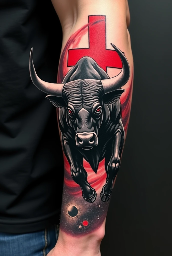 A black and white tattoo on the forearm of a charging bull with a red cross on its side painted on the right eye in red in the galaxy

