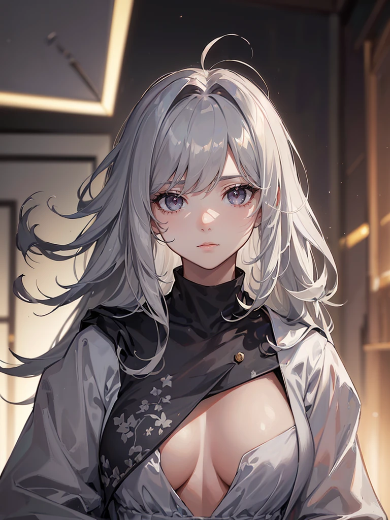 ((highest quallity, work of art, 4K, finely detailled, detailedeyes, face detailed, gelbooru, pixiv)), warm lighting, ((alone)), 1womanl, bonitas, Female One, adult woman, full breasts, close do rosto, portraite, tired exhausted expression, with dark circles. looking ahead at viewer, ((lazy eyes, half covered, gray eyes with gray pupils) ), wearing disheveled scientist clothes ((dark gray hair with light gray streak in the bangs, long hair, shaggy hairstyle, Messy hair))