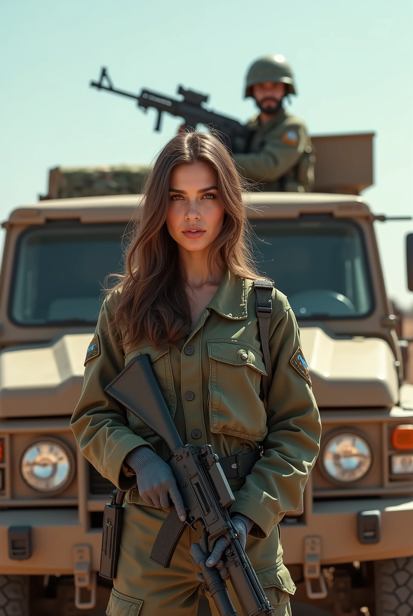 Alafed truck with gun on back, Afghan fighters, French special forces, heavily armed, Taliban, Kurdish soldiers, heavily armored, military vehicle, military weapons, military equipment, truck, camouflage, special forces security, modern military equipment, carrying rifle, gun mounted on shoulder, gun posing in front of truck A female soldier, ((masterpiece, highest quality, Highest image quality, High resolution, photorealistic, Raw photo, 8K)), ((Extremely detailed CG unified 8k wallpaper)), (huge stunning goddess shot, very hot and sexy, jaw-dropping beauty, perfect proportions, beautiful body, slim body beauty:1.4),