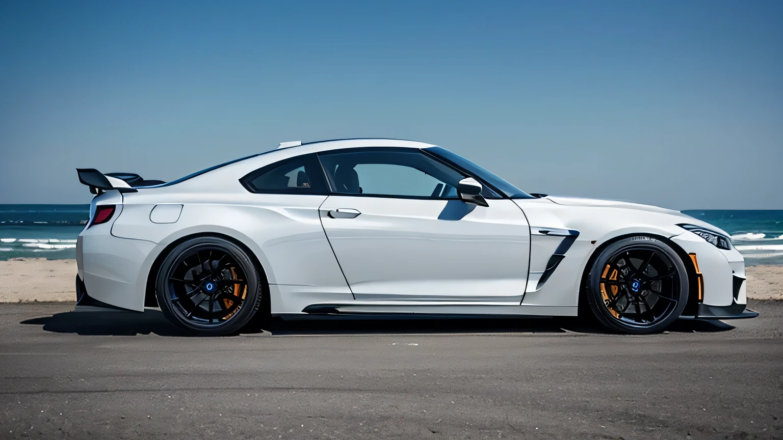 Masterpiece, top quality, high quality, high detailed, Super car, coupe car, (by bmw, by Nissan gtr), white color, black wheels color, big black spoiler, with full body kit, low loading, (parking on beach parking lot, beach background, daytime, no one, smooth)