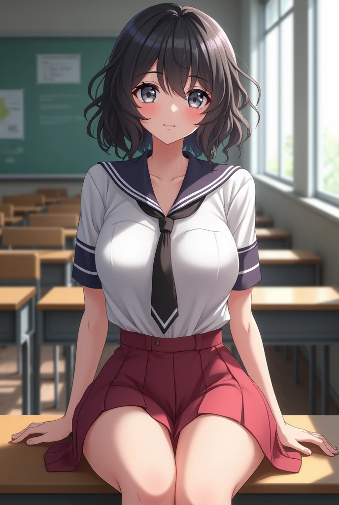 A white-skinned, curly-haired girl with gray eyes and big breasts sits with her legs spread, Taking a realistic anime style photo in school clothes
