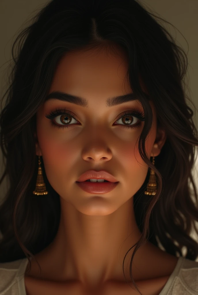 A indian sexy girl with lifted eyebrows small lips and small lifted eyes and a fatty nose with oval face shape