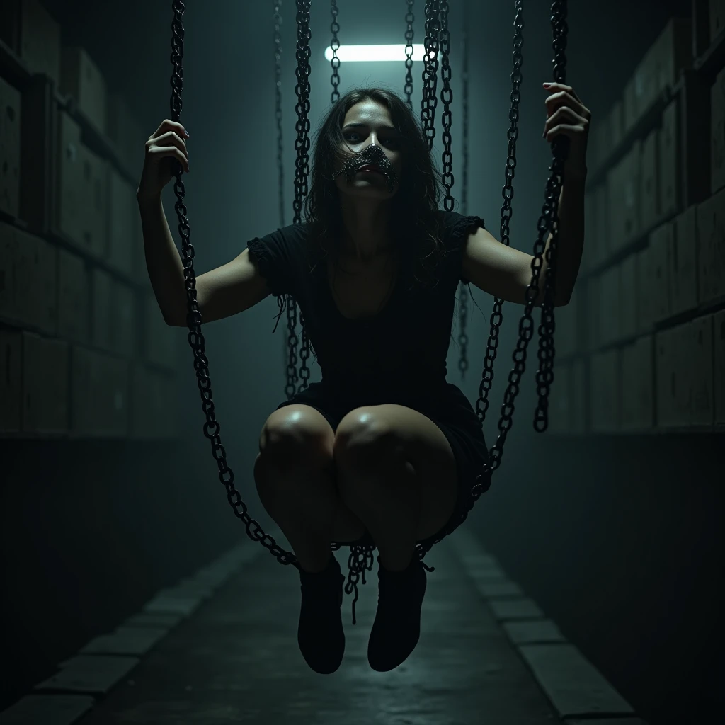 a girl suspended in the air with multiple chains wrapped around her body, gag in the mouth, warehouse at night, dark, moody, dramatic lighting, chiaroscuro, (best quality,4k,8k,highres,masterpiece:1.2),ultra-detailed,(realistic,photorealistic,photo-realistic:1.37),cinematic,gothic,dramatic pose,intricate details,strong shadows,dramatic atmosphere,captivating expression,mesmerizing,haunting,ominous,unsettling,intense,visceral,eerie,sinister