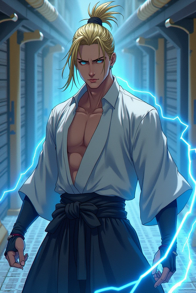 A slim defined man. With black hair on the sides and nape, straight and blond on top and tied up in a samurai style, with blue eyes. With a height of 1,75m in white skin color. With energy powers, electricity and tesla.