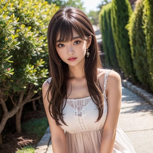 travel scenery photos，Wear a cute dress，1 female, On the face, light brown hair, blunt bangs, hair behind ears, Shoulder-length hair, long hair, Slender body type, 超face slimming型, face slimming, delicate lips, beautiful eyes, Thin blush, Eyes are light brown,View here, (actual:1.3), One person's perspective, 8k, Super detailed, high quality, best quality, High resolution, ，Large Breasts，3,above knee shot