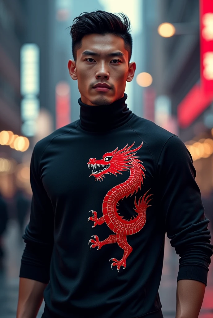 Recreate a turtleneck sweater with the model of the black Chinese national team jersey that has a dragon