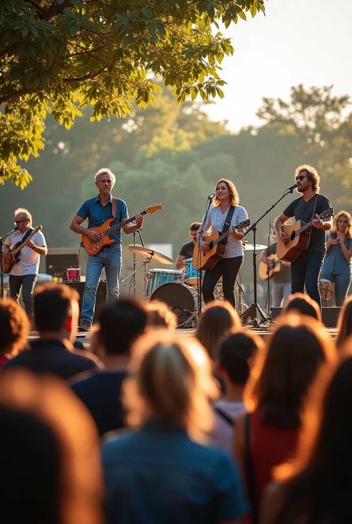 Photo from the audience towards the stage of a musical band That it be outdoors and during the day That it include the following instruments Drums Bass Electric guitar Electroacoustic guitar 2 choristers Tambourine players Casual attire The musicians are Christians 

