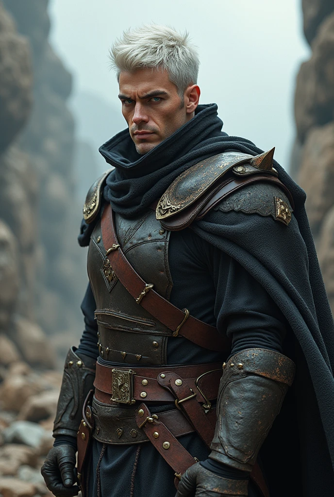 with short white hair like a man's hair with warrior clothes and blue eyes