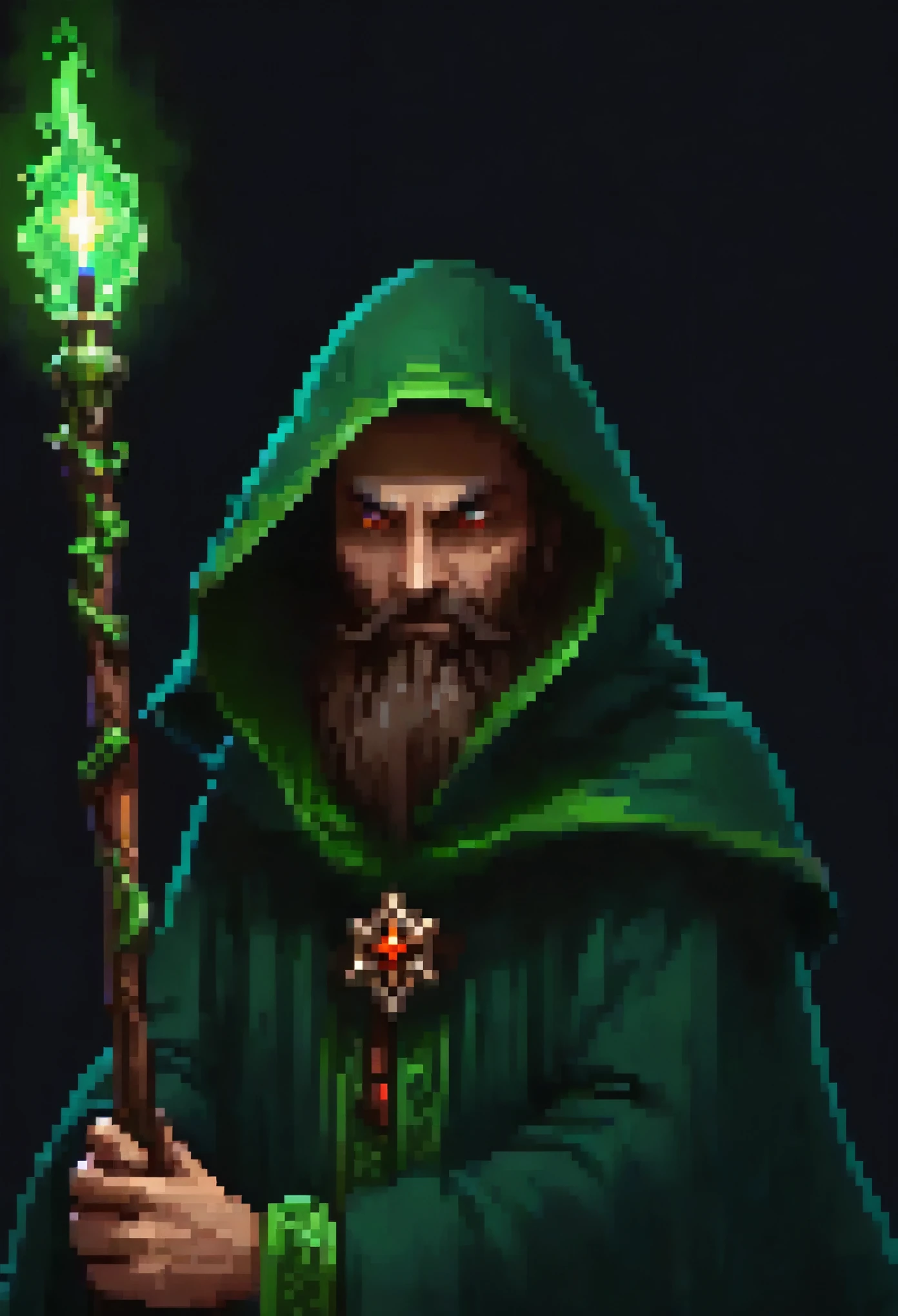 Picture of an evil wizard in a green cloak holding a staff, 32 bit style image, male