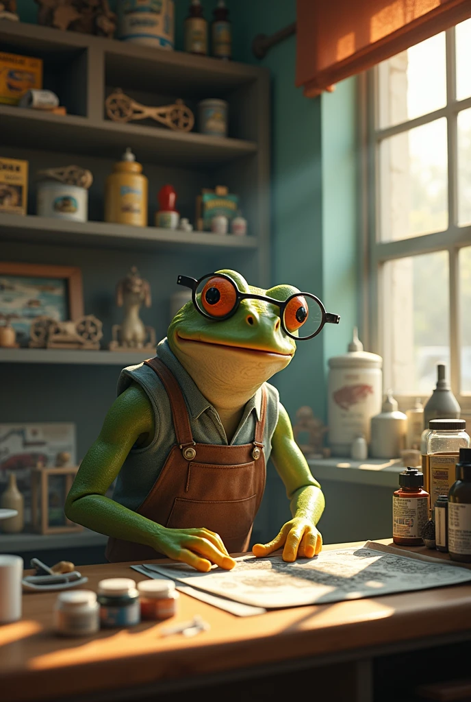 Retro Images,Storytelling,Tree frog,Ultra-realistic,high resolution,The frog is an old man with glasses who works at a plastic model shop.