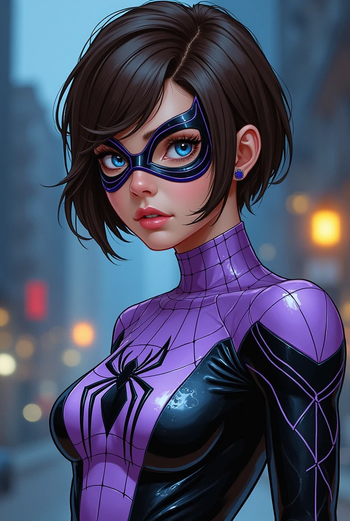 a girl with brown hair and blue eyes. her hair is a tomboy and she has big eyelashes. she has a lilac spiderman outfit, but only with a mask over her eyes, and she is over 20 years old and has a more serious and sober appearance.It's night and she has black and white details on her clothes (add lots of details) . MARVEL 1980 comics style 2D