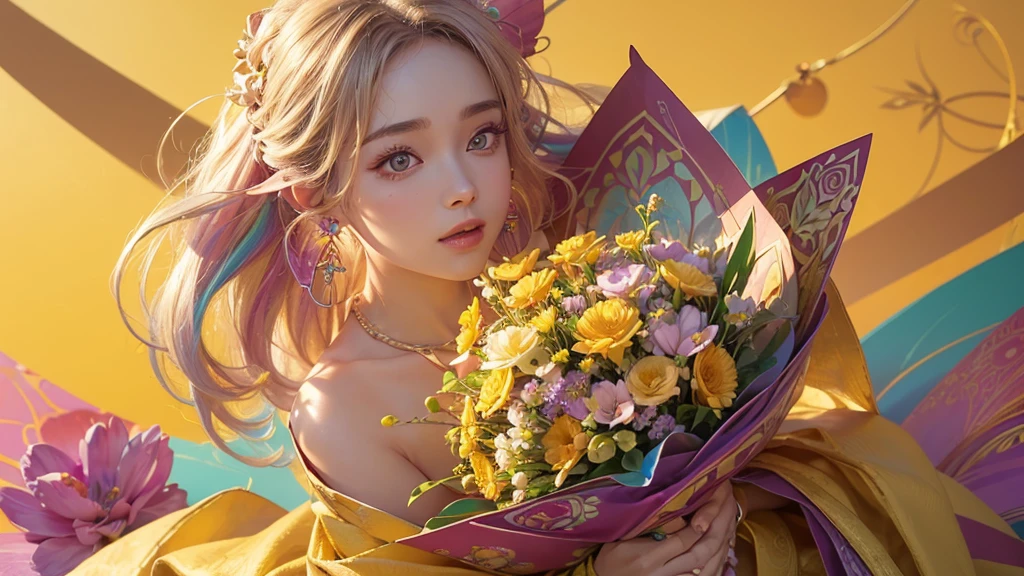 32K, 最高quality, 最高masterpiece, (ultra-Detailed Background, Detailed Background), High resolution, Super detailed, Very detailedな, 1 personの, (bouquet:1.3), (Tangled:1.2), (Geometric:1.2),(colorful),(masterpiece, quality, best quality, Official Art, Beautiful and beautiful:1.2), (1 person:1.3), Very detailed,(colorful:1.1)(Flowers:1.3),Most detailed,(Tangled:1.2), whole body, (Abstract background:1.3), (Skin glows), (Many colors:1.4), ,(Earrings Jewelry:1.5), Pale yellow background, It's imaginative., Milk tea colored hair, Updo,
