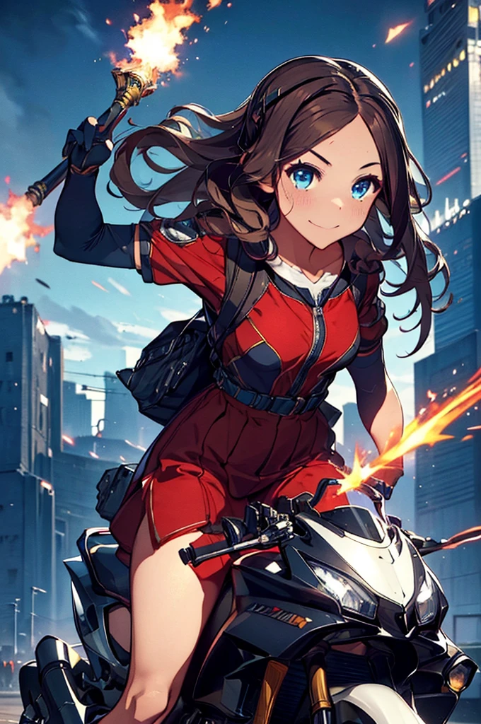 (masterpiece), Highest quality, Fantasy art, One person, (alone:1.5), A female knight wearing a red dress and metal armor with gold decorations, carrying a huge spear, Dress in Armor, Long Hair, Gray Hair, tiara, Glare,arms, Extremely skilled, Lance, riding on a cyberpunk style motorcycle, motorcycle, Ground vehicles, car, Cyber City background, Speed Line, Bright colors,spark,(Racing Suits),(Racing Gloves),((Remember)),((Butt)),(Sweat),(hand,detailed,perfection,perfectionion,hands),