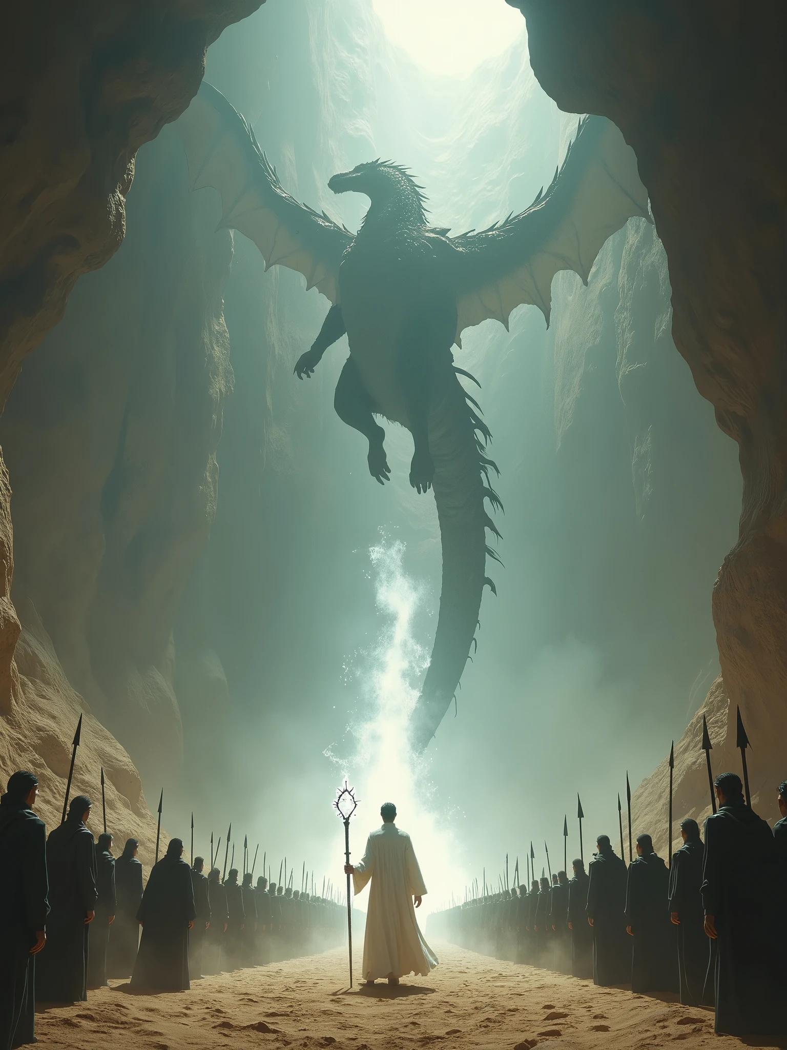 Create an epic fantasy scene set in a vast underground cave. The ceiling of the cave is illuminated with an eerie soft light that reveals a giant, fearsome fire-breathing dragon with long, evil wings and an ancient, twisted body descending from above. Below, in the cave's sandy landscape, a large army of soldiers in dark robes and armor stand ready for battle. At the forefront, a 20-year-old man in a flowing white robe floats above the ground, holding a glowing white staff that emits a bright magical light. Soldiers surround him as a defensive force, demonstrating unity in the fight against the terrifying fire-breathing dragon. The atmosphere is tense, full of suspense and the imminent clash between the forces of light and dark. Beautiful colors and soft earth tones, with the white light from the staff creating moving shadows and highlights. Natural light, 8k clarity.