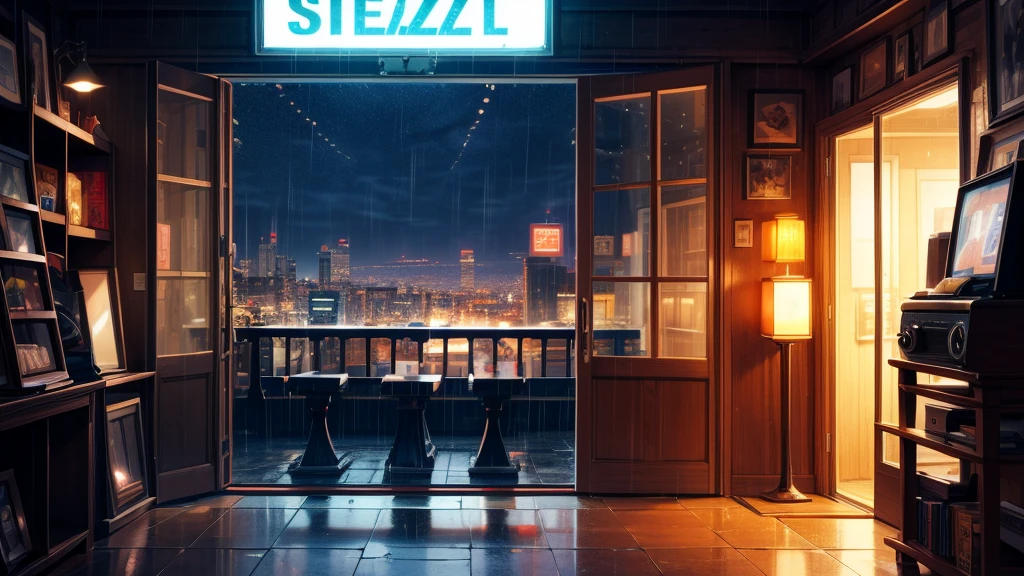 A serene night-time cityscape viewed through a rain-soaked window. The scene features soft, warm lights reflecting off the wet pavement and distant glowing neon signs, evoking a sense of calm and relaxation. A vintage record player sits on a wooden table near the window, with a jazz vinyl spinning slowly. The overall mood is cozy and inviting, with a deep blue and warm brown color palette. The background captures the quiet ambiance of a rainy night in the city, perfect for a chill jazz lo-fi vibe.