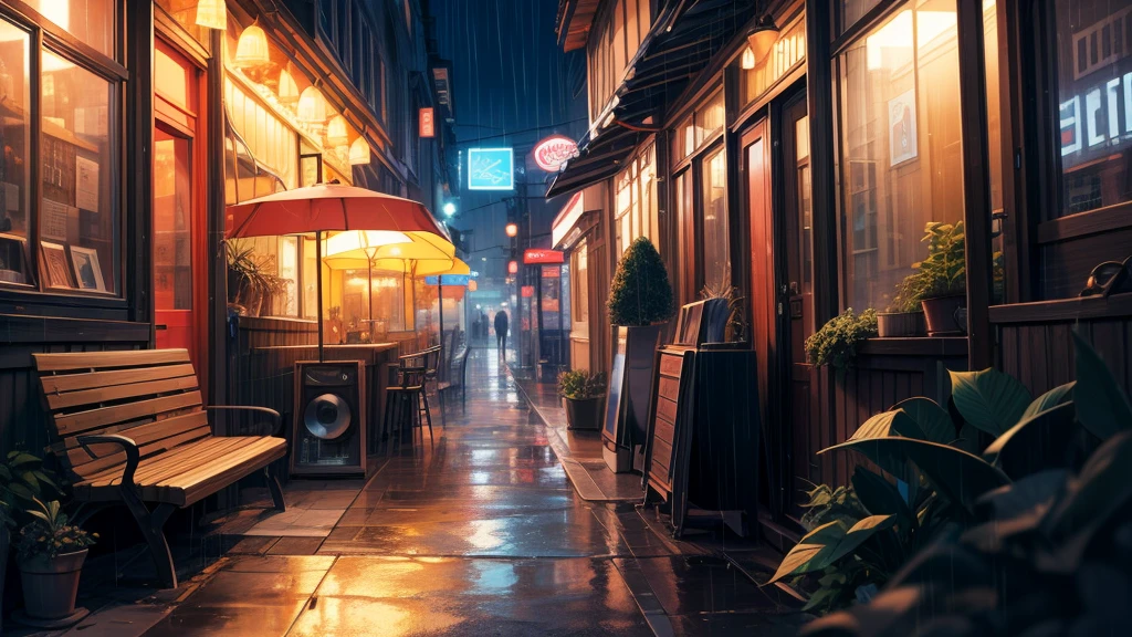 A serene night-time cityscape viewed through a rain-soaked window. The scene features soft, warm lights reflecting off the wet pavement and distant glowing neon signs, evoking a sense of calm and relaxation. A vintage record player sits on a wooden table near the window, with a jazz vinyl spinning slowly. The overall mood is cozy and inviting, with a deep blue and warm brown color palette. The background captures the quiet ambiance of a rainy night in the city, perfect for a chill jazz lo-fi vibe.