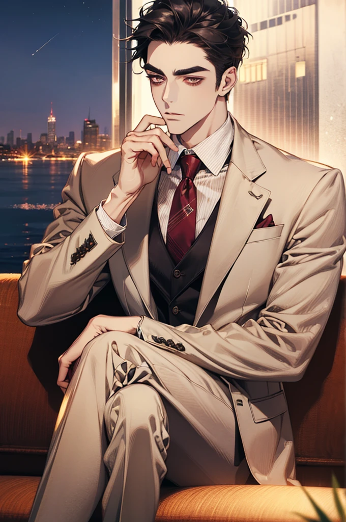 (absurdres, highres, ultra detailed, realistic, ), 1 male, solo, adult, mature, tall muscular guy, ,(sitting on a sofa,cross-legged), broad shoulders, handsome, very short hair, black hair, brown eyes, angular jaw, thick neck, thick eyebrows, night, dark, the night view of the city background, formal suit, necktie, upper body