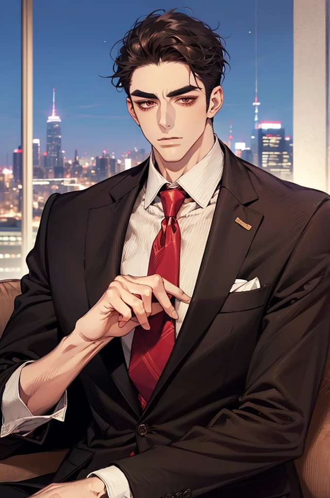 (absurdres, highres, ultra detailed, realistic, ), 1 male, solo, adult, mature, tall muscular guy, ,（sitting on a sofa,cross-legged）, broad shoulders, handsome, very short hair, black hair, brown eyes, angular jaw, thick neck, thick eyebrows, night, dark, the night view of the city background, formal suit, necktie, upper body