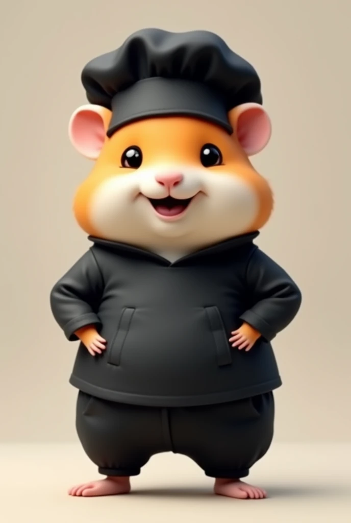 create a hamster with cute hamster cheeks and a black chef's head cap, you shouldn't see the ears, put black jogging pants and a black short top on the hamster and don't make the hamster too fat