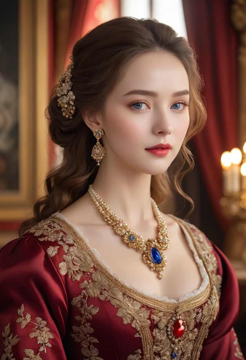 (best quality,4K,8K,high resolution,masterpiece:1.2),Extremely detailed,(Practical,photoPractical,photo-Practical:1.37),portrait,,Pastel,personalized masterpiece,18th century,Russian,noble,Queen,Heat and cold,noble Daughter,,Extremely beautiful,Face,Has dark blue eyes,Delicate nose,Sweet mouth,Porcelain skin,红扑扑的Face,Long flowing brown hair,Burgundy silk dress,Elegant Posture,Fine Jewelry,Embroidered lace collar,Grand Background,Rich interior,Faint golden light