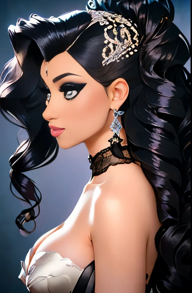 araffe woman in a silver dress, glamor hairstyle, big hair, intricate hairstyle, imperial and elegant hair style, elaborate hair worn up, glamorous hairstyle, intricate hair, baroque curls, elaborate long hairstyle, beautiful futuristic hair style, insanely nice hair style, elaborate long black hairstyle, elaborate hair, futuristic hairstyle, black elegant hair, complex design hair