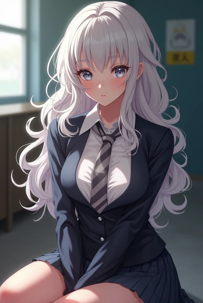 A girl with albino skin and long curly hair with gray eyes and big breasts sits with her legs open, Taking a realistic anime style photo in school clothes