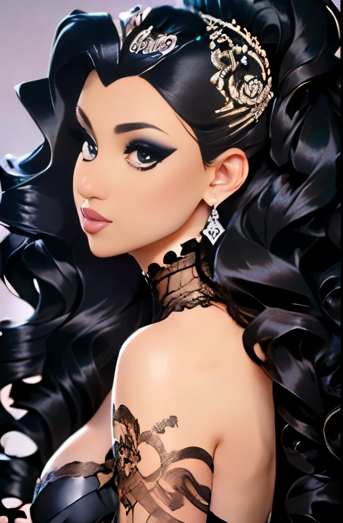 araffe woman in a silver dress, glamor hairstyle, big hair, intricate hairstyle, imperial and elegant hair style, elaborate hair worn up, glamorous hairstyle, intricate hair, baroque curls, elaborate long hairstyle, beautiful futuristic hair style, insanely nice hair style, elaborate long black hairstyle, elaborate hair, futuristic hairstyle, black elegant hair, complex design hair