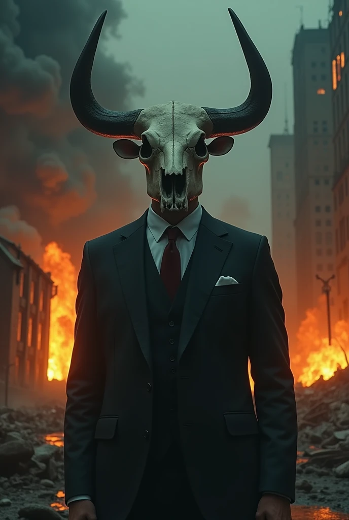 A man in a suit whose head is a bull&#39;s skull , with a devastated and fire-filled night city in the background. 