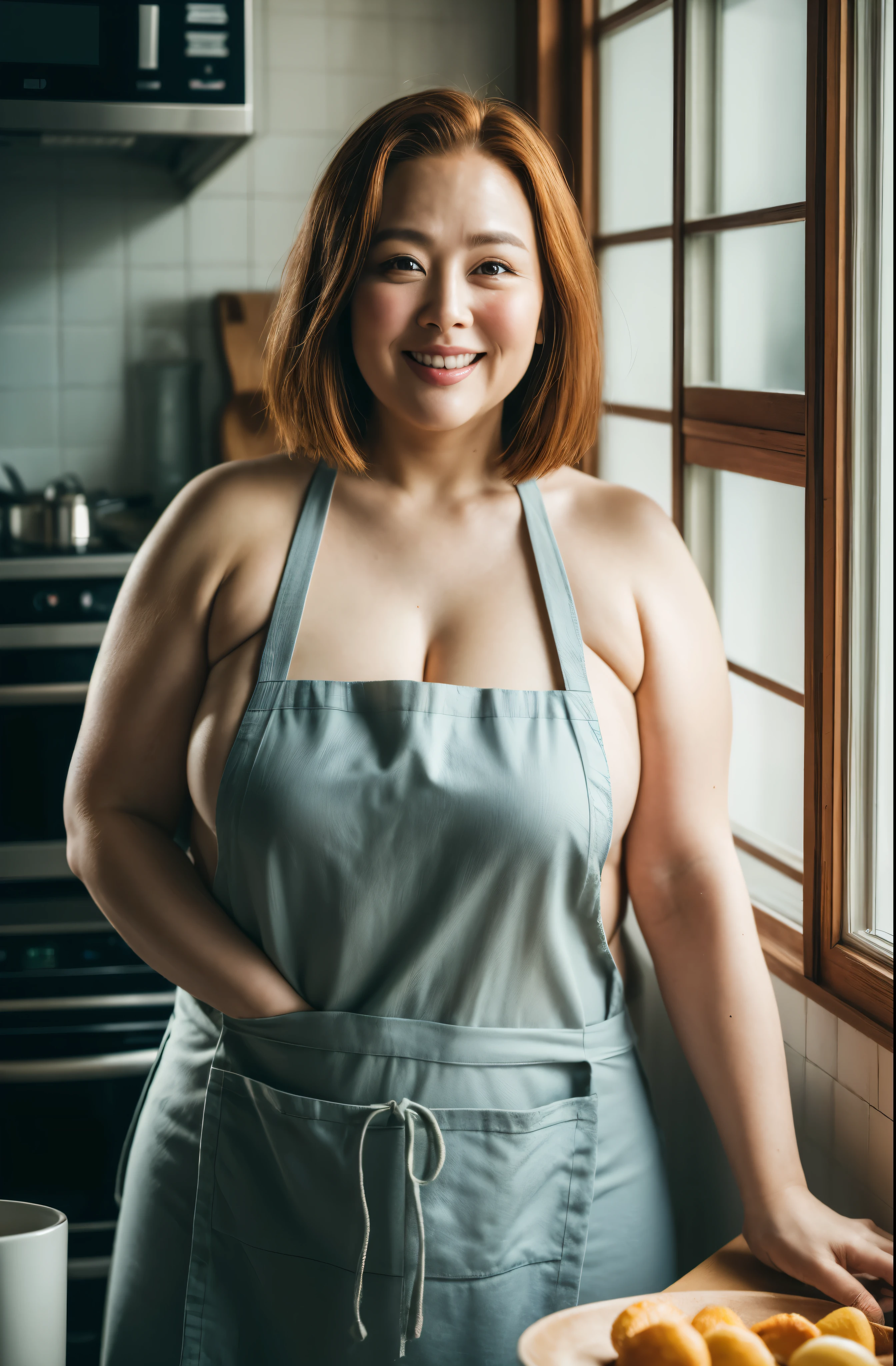 Foto RAW, Nordic Face, Looks like Julianne Moore, Highly detailed CG Unity 8k wallpaper, top quality, super detailed, masterpiece, realistic, photo realistic, very detailed cute girl, 4, ((chubby lady:1.3)) , (plump lady:1.3) , large breasts , cleavage , round eyes, viewer, smile, parted lips, half body shot , short naked apron, cooking apron, naked apron , skin texture, skin pores, kitchen , bangs , shoot from the side,(pele altamente detalhada: 1.2), 8k UHD, DSLR, soft-lighting, alta qualidade, grain of film, Fujifilm XT3