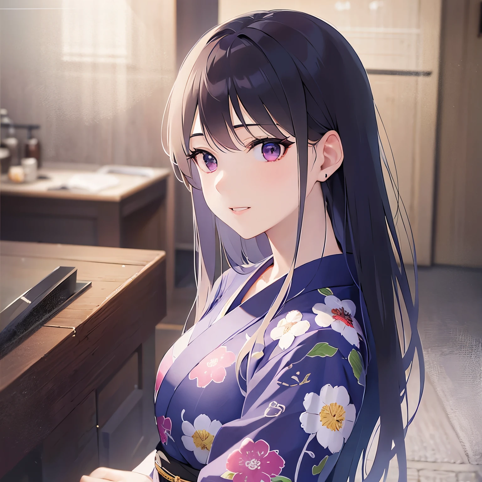 side angle, Upper Body, Realistic, real person, (pale skin: 1.2), RAW photo, photorealistic, shiny skin, shiny hair、(A 25-year-old woman with straight hair and bangs) and (medium hair) and (black hair) and (purple eyes) , yukata、smile, The background is the living room、Alone、Are standing