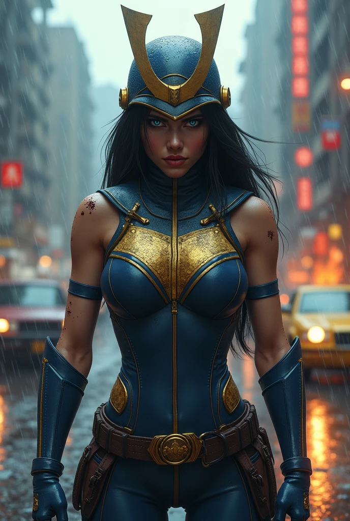 A beautiful woman under the cloak of the warrior Big Barda has long hair, black and almost always hidden by his samurai helmet. His eyes are light blue. Her superheroine costume is samurai themed.. Her costume usually includes a blue jumpsuit and a gold armor top over her jumpsuit on her knees screaming exhausted after an extensive battle blood around her in an apocalyptic and rainy city cars and buildings on fire
