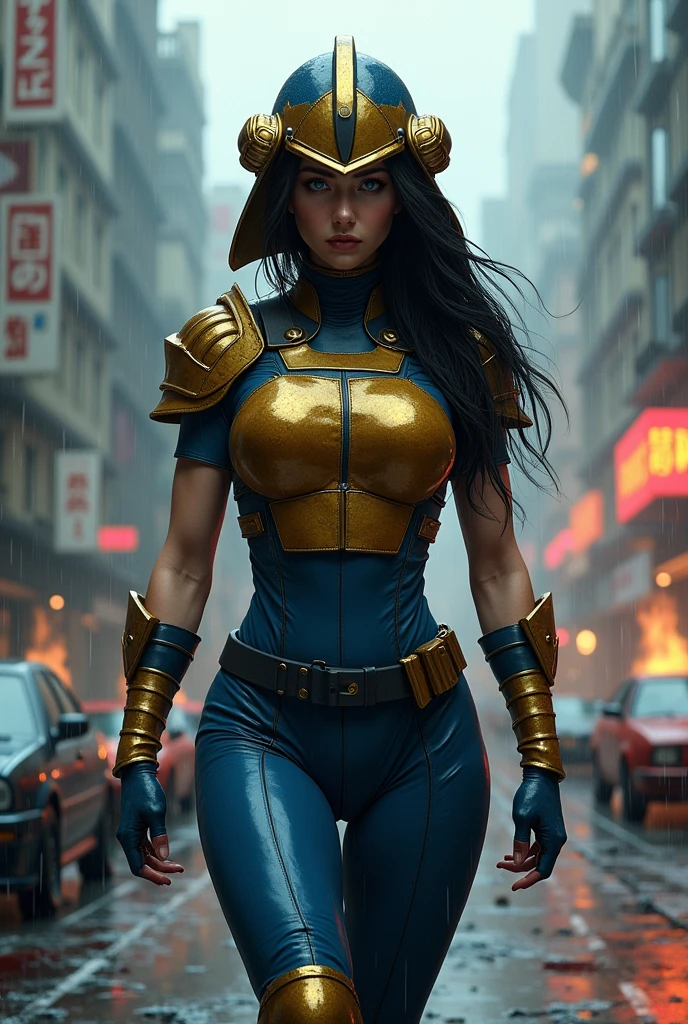 A beautiful woman under the cloak of the warrior Big Barda has long hair, black and almost always hidden by his samurai helmet. His eyes are light blue. Her superheroine costume is samurai themed.. Her costume usually includes a blue jumpsuit and a gold armor top over her jumpsuit on her knees screaming exhausted after an extensive battle blood around her in an apocalyptic and rainy city cars and buildings on fire