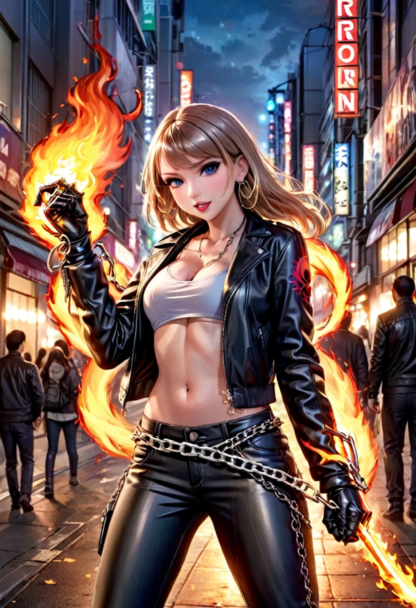 Marvel's Ghost Rider (portrayed by Taylor Swift, leather jacket, leather pants, flaming skull head, gloves, several hell chains wrapped around forearms), night, downtown Tokyo