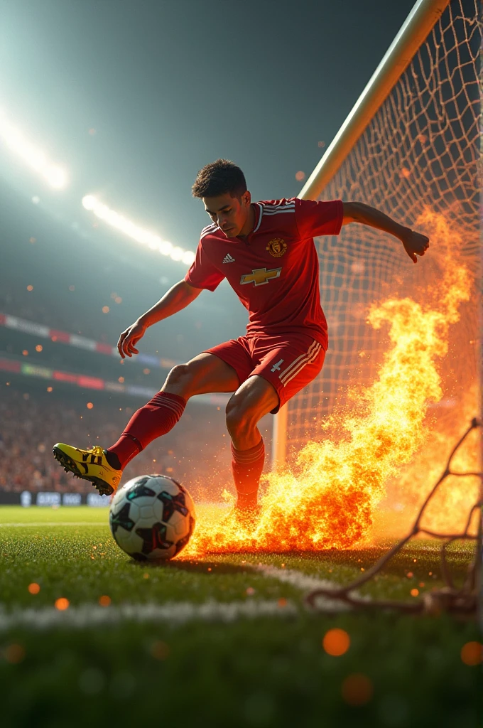 An image of a volley and the ball in flames breaking the goal