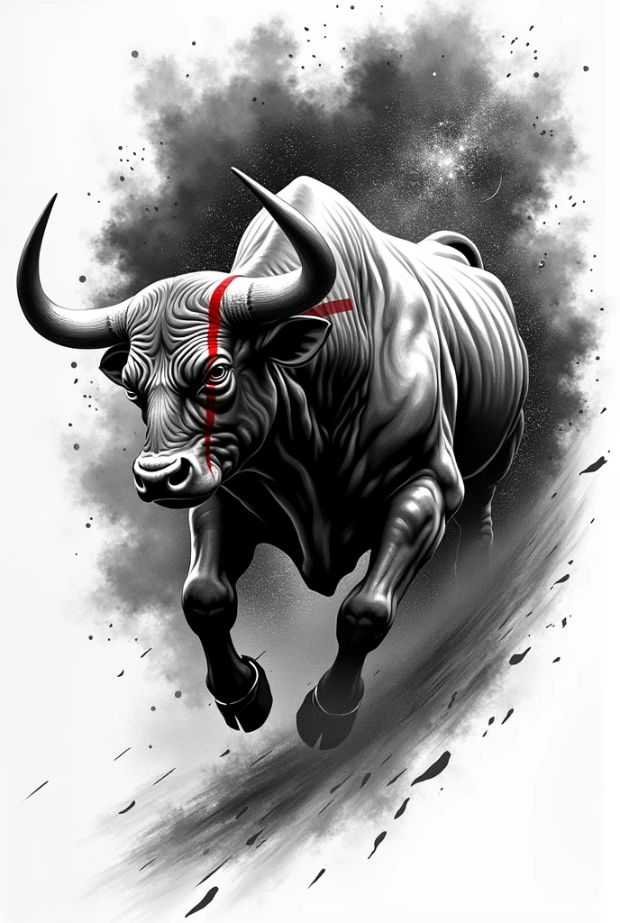 A black and white tattoo on the forearm of a bull in the galaxy charging upwards with a red cross on its side painted on the right eye in red.
