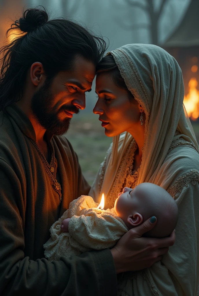 Create an image where a dark-skinned gypsy gets angry when he sees his gypsy wife holding a grey-eyed albino baby.