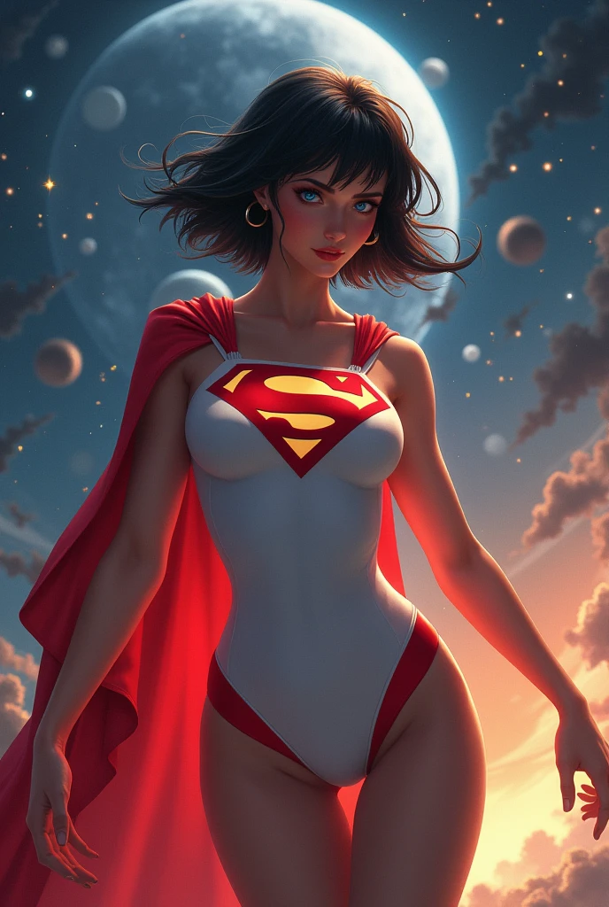 Superman female version.
Young woman dressed in tights, Short bob style hair, blue eyes,
- Entirely white and red fitted suit - suit that enhances female anatomy,
- Standing, with a firm and confident posture, big hips, big buttocks, small waist, big chest, flying over a city with a determined look.
- In a sensual pose, ready for action, with one arm extended and the other flexed.
- Sensual and mischievous look, transmitting lust .
- A soft but confident smile can add warmth and bring the character closer.
- A cosmic scene with planets and stars, showing your connection to the universe.
- A night landscape,
- Soft, warm light that highlights the textures and details of the suit.
- Shadows that accentuate the muscles and figure, creating a dramatic contrast.
- Light effects that suggest energy and power emanating from the character.
- Hair blowing in the wind, adding dynamism.
- Visual effects such as flashes of light or auras that enhance your power.
- Add moving elements, like hair, to give life and energy to the image.
