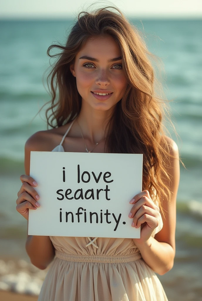 Beautiful girl with wavy long hair, bohemian dress, holding a white board with text "I Love Seaart Infinity" and showing it to the viewer