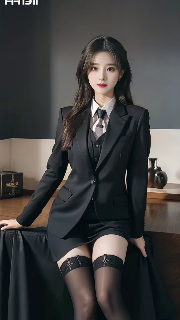 there is a woman in a black suit and stockings posing for a picture, wearing a black noble suit, girl in a suit, girl in suit, wearing black suit, black suit, in a black suit, wearing a black suit, wearing black business suit, cai xukun, jia, luxurious suit, suit, elegant suit, dark suit, wearing fashion suit