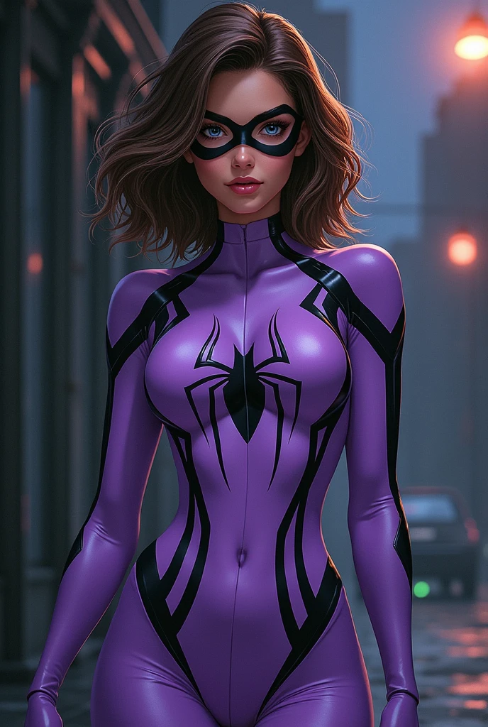 a girl with brown hair and blue eyes. her hair is a tomboy and she has big eyelashes. she has a lilac spiderman outfit, but only with a mask over her eyes, and she is over 20 years old and has a more serious and sober appearance.It's night and she has black and white details on her clothes. she gives off a seductive air.  (add lots of details)  . MARVEL 1980 comics style 2D

