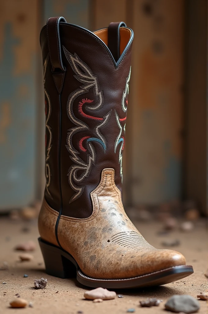A cowboy boot with ostrich skin 
