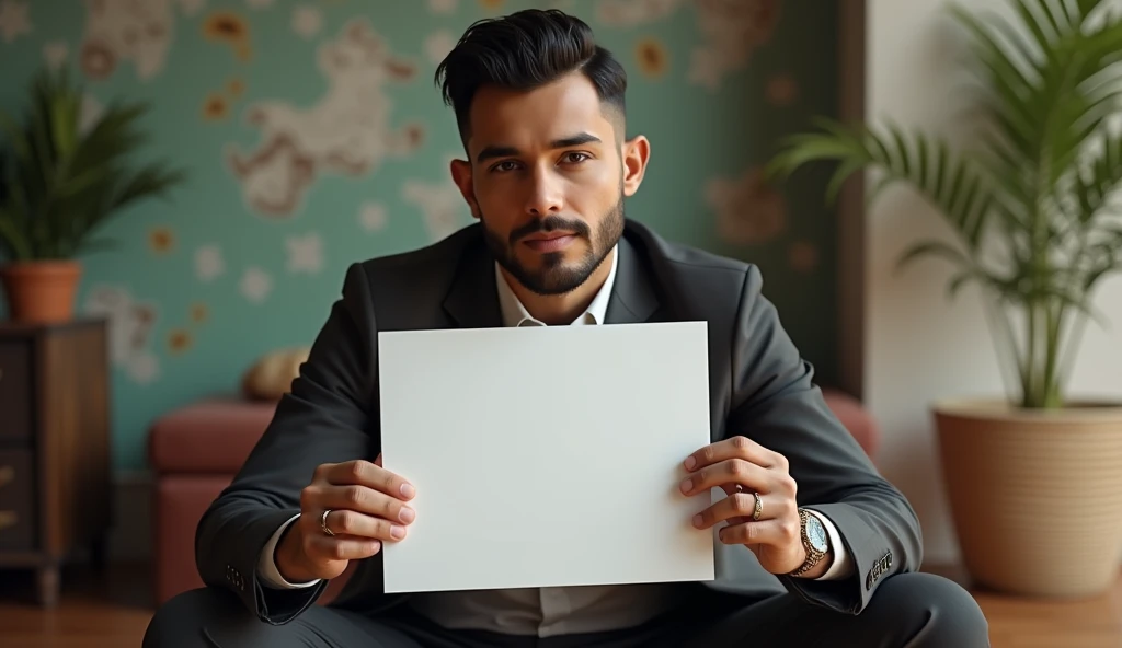 (photorealism:1.2), men,Muslim,Indonesia,time,handsome, sit down,facing forward,shows a blank sheet of paper, blank paper facing the audience,aesthetic, interesting, clear