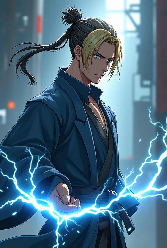 A slim defined man. With black hair on the sides and nape, straight and blond on top and tied up in a samurai style, with blue eyes. With a height of 1,75m in white skin color. With energy powers, electricity and tesla.