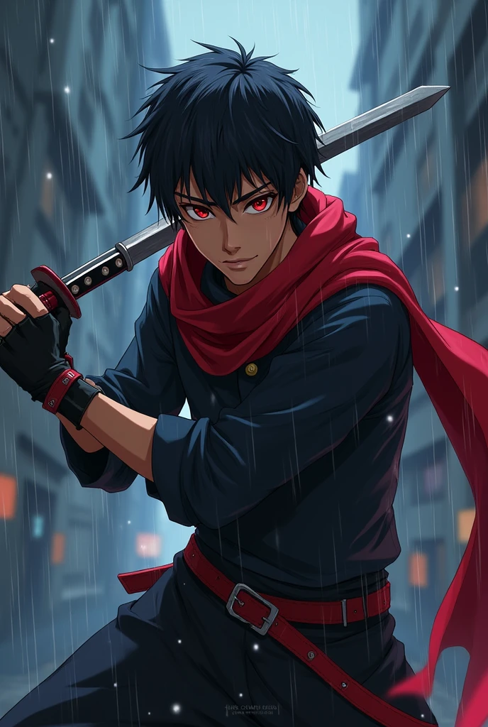 An anime character;
Brown skin color, Bblack hair, Eyes red, short beard.
Uses a look that is a mix of ninja and assassin, black color with a long red scarf.
in attack pose holding a dagger.
the background on a rainy day at night.