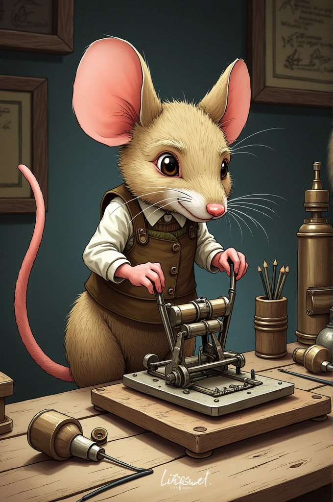 Old school style mouse working on a mousetrap
