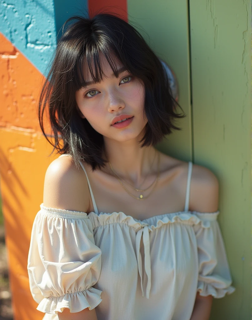 RAW photo, best quality, masterpiece, photorealistic, Polish girl, cowboyshot, 20 years old, black hair, Light grey eyes, short bob cut, hair in 7 thirds, hair over one ear, Symmetrical eyes, pale skin, Big Breasts, rip gloss, Light blue ASICS sneakers, photographed in front of a colorful and stylish exterior wall, smiling, sunny, outdoors, detailed background shot, model-like pose, summer, sunlight, stylish outfit
