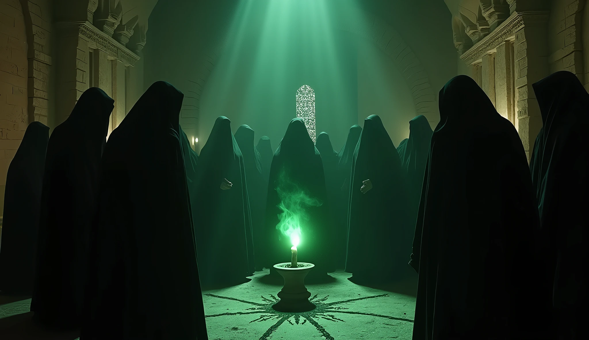 8k、(number々の賞を受賞したmasterpiece、Incredible detail、Texture、Maximum details),green flame candle, (summoning magic),(St George's Church in Lalibela at night (Church of Saint George) - Ethiopia), (dark ritual),(dark organization)arafed image of a group of people in a church with candles,lit candle, dark cinematic concept art, elegant cinematic fantasy art, photorealistic dark concept art, by Beeple, dark robes, wojtek fus, gothic epic library concept, gothic epic library, epic cinematic concept art, dark concept art, Beeple and mike winkelmann, symmetrical epic fantasy art, High resolution, masterpiece, Highest quality, Intricate details, Very detailed, Clear focus, practical skin texture, texture, Shot with Canon, 85mm, Shallow and deep, Kodak Vision Color, Exactly, Very detailed, photograph_\(Extremist\), photographpractical, practical, Post-processing, Maximum details, Roughness, Real Life, Extremist practical, Photorealism, photographgraphy, 8K Ultra HD, photographgraphy
