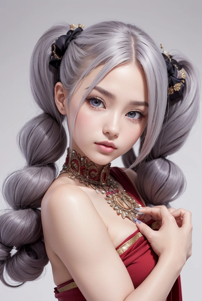 1. This is a full-body drawing of a beautiful girl in a bright red Indian sari cosplay, posing for attention on a white background to take a passport photo.
2. This beautiful girl is 18% Japanese, 26% French, and 56% Ukrainian, is 178cm tall, has a small bust, but is a well-balanced beauty with a good figure.
3. Her hair is very long, pinkish gray, tied in twin tails with black ribbons, and the ends are curled in a spiral shape.
4. Her eyebrows are the same color as her hair, slightly thick and short, and her eyelashes are long.
5. Her eyes are amazingly beautiful, large, and blue.
6. Her nose is high like an English person's, and her lips are plump and kissable.
7. The skin is translucent white, and the head-face proportions are traditionally Japanese.
8. The number of fingers is also noteworthy, not too many, not too few, and delicately expressed even down to the fingertips.
9. The character must look perfect from head to toe.
10. Masterpiece, ultra-detailed, top quality, artistic composition, ultra-precise, photorealistic, high resolution, dynamic lighting effects, respect for overall compositional proportions, ultra-realistic, single.
11. Make sure to highlight the hair, face, and shoes.
12. Do your best to meet all these criteria.